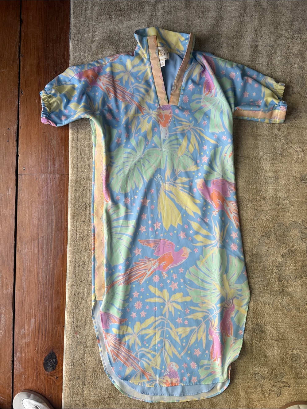 Pastel Blue Tropical Midi Dress with Parrot Print